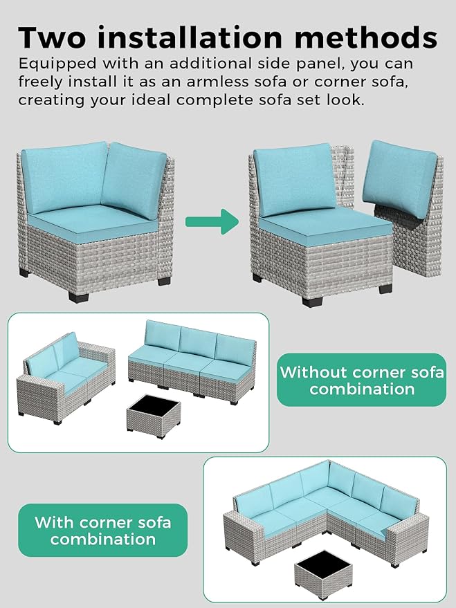 15 Piece Outdoor Wicker Rattan Sectional Sofa Set with Swivel Chairs, 12-Seats Conversation Set with 4" Thickened Cushions & Coffee Table, All-Weather PE Rattan for Garden, Backyard, Porch, Turquoise