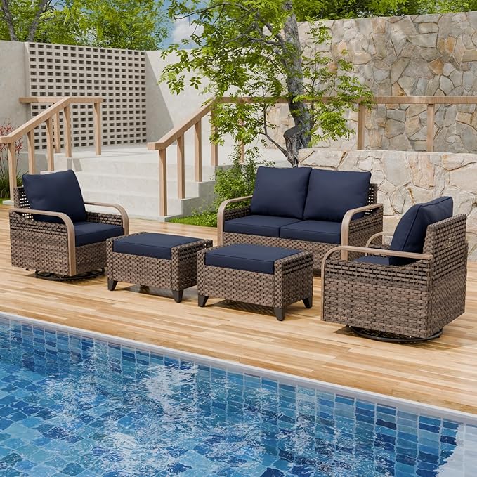 Modern Wicker Patio Furniture Set, Rattan Outdoor Conversation Set with Comfortable Cushions, 2 Swivel Rocking Chairs, 2 Seat Loveseat and 2 Ottomans, 5 Pieces, Brown/Blue