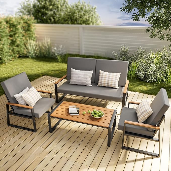 Gizoon 4-Piece Outdoor Patio Furniture Set with Coffee Table and Removable Cushions, Metal Patio Conversation Set for Family, Yard, Poolside (Gray)