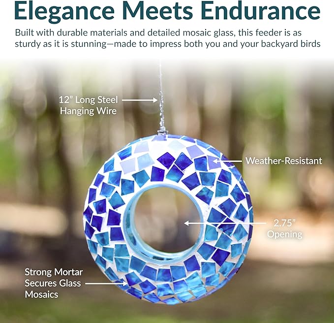 Sunnydaze 6-Inch Glass Mosaic Hanging Bird Feeder for Outdoors - Fly-Through Glass Bird Feeder for Cardinals, Jays, Finches and More - Blue Mosaic
