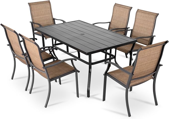 NUU GARDEN 7 Pieces Patio Dining Set, All-Weather Outdoor Furniture with 6 Dining Chairs and 1 Rectangle Steel Dining Table with Umbrella Hole for Patio Deck Garden, Black and Brown
