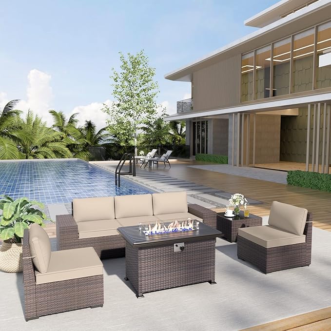 Patio Furniture Sectional Sofa Set 7-Pieces PE Rattan Patio Conversation Set w/43in Gas Fire Pit Table, Outdoor Furniture with 55000 BTU Propane Fire Pit, Sand