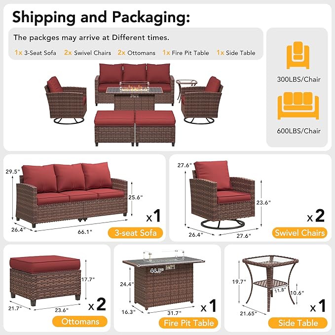7 Pieces Patio Furniture Set with 44" Fire Pit Table, Outdoor Sectional Conversation Sets with Swivel Chair, Gas Fire Pit, Ottomans, Side Table, 4" Thick Cushion, for Backyard Garden Deck, Wine Red