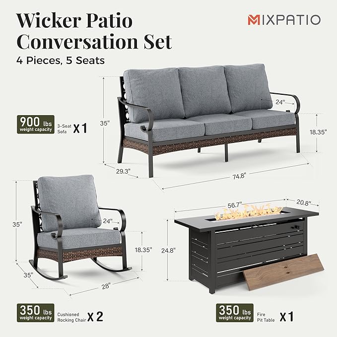 Patio Furniture Set with Fire Pit Table, 4 PCS Metal Outdoor Conversation Set with 5.75'' Extra Thick Cushion, 2 Rocking Chairs, 3-Seat Sofa and Gas Fire Pit Table, Grey
