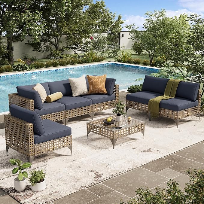 AECOJOY 7-Piece Patio Outdoor Furniture Set with Tea Table, Boho Outdoor Sectional Furniture Sofa PE Rattan Wicker Conversation Set, Dark Brown Rattan&Dark Grey Cushions