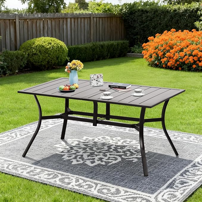 COWVIE Patio Dining Table for 6 People, 59" Metal Outdoor Table with Adjustable Umbrella Hole for Garden, Poolside, Backyard