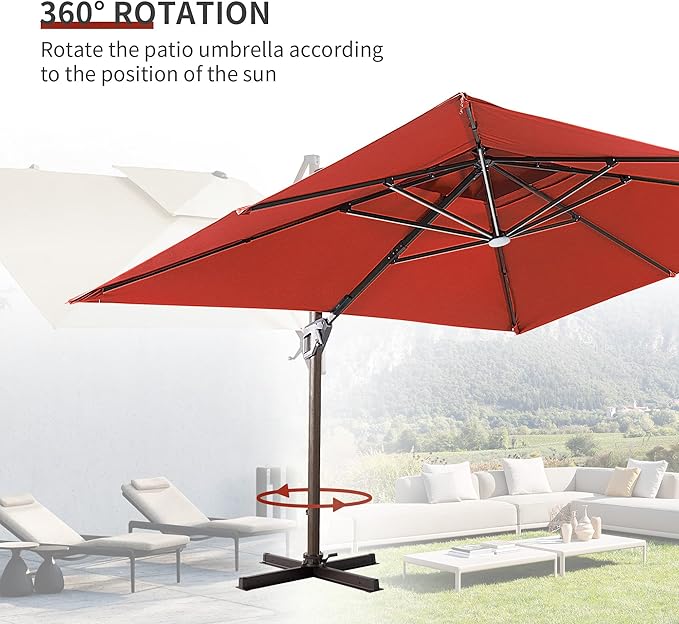 JZAC & QZYD 9x12 FT Outdoor Cantilever Patio Umbrella with LED Lights, Large Heavy Duty 2-Tier Aluminum Offset Umbrellas with 360-Degree Rotation for Pool Deck, Red