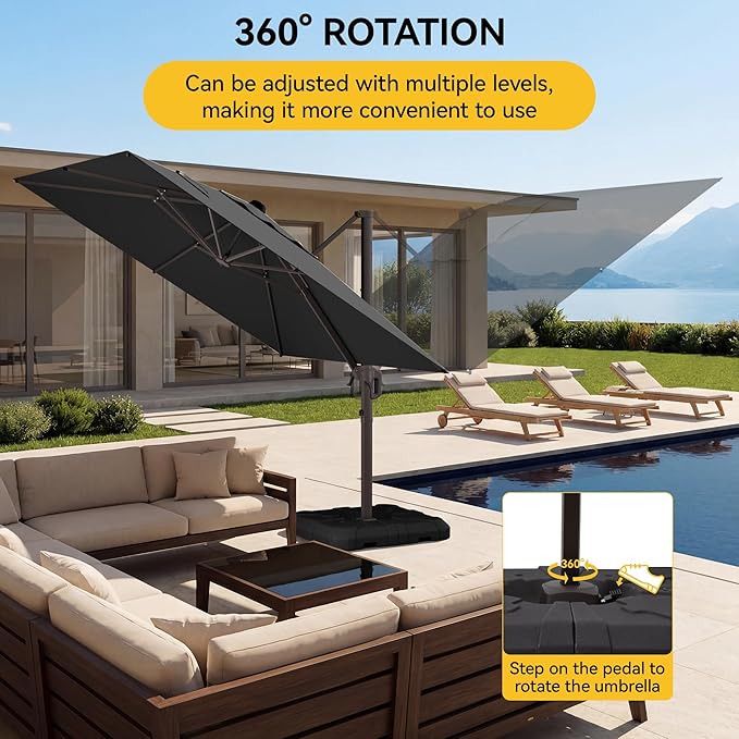 10x10FT Cantilever Outdoor Umbrella, 360° Rotating Large Offset Square Patio Umbrella, Ideal for Garden Backyard Deck Courtyard, Black