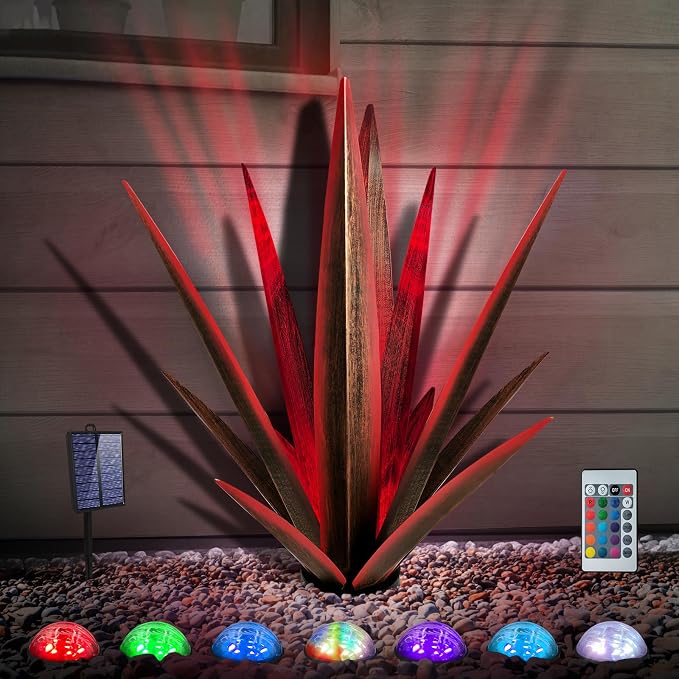 KODIBO 24" Large Metal Agave Plant Outdoor Decor with Solar Light, Red | Solar Garden Light, Outdoor-Resistant Metal, Tequila Rustic Sculpture, Mexican Style Garden Patio Decor, Housewarming Gift