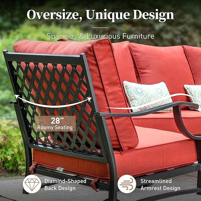 4 Piece Metal Outdoor Patio Furniture Set, Patio Conversation Set 1 3-Seater Sofa, 2 Rocking Chair with 5.75" Extra Thick Cushion and Coffee Table, Black Frame Backyard Furniture, Red