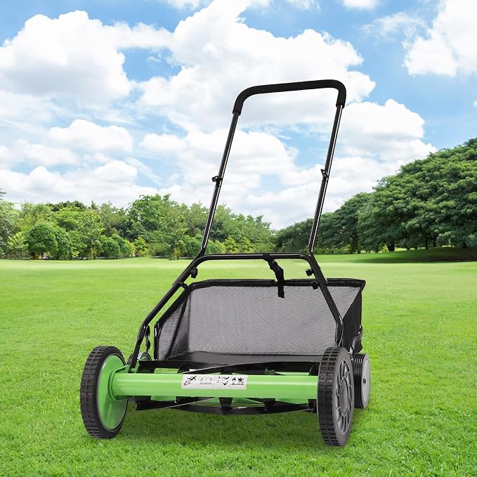 Reel Mower Cylinder Lawnmower Push Reel Lawn Mower with Grass Catcher Universal Manual Lawn Mower w/Grass Catcher Adjustable Cutting Height Detachable Design Push Lawn Mower Green