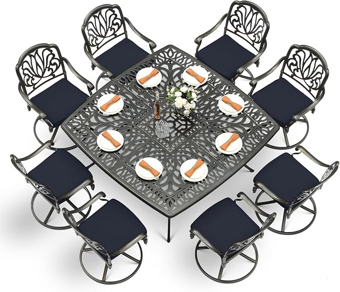 VIVIJASON 9-Piece Outdoor Furniture Dining Set for 8, All-Weather Cast Aluminum Patio Table and Chairs Set with 8 Swivel Rocker Chairs, 64" Large Square Dining Table with 2.2" Umbrella Hole, Navy Blue