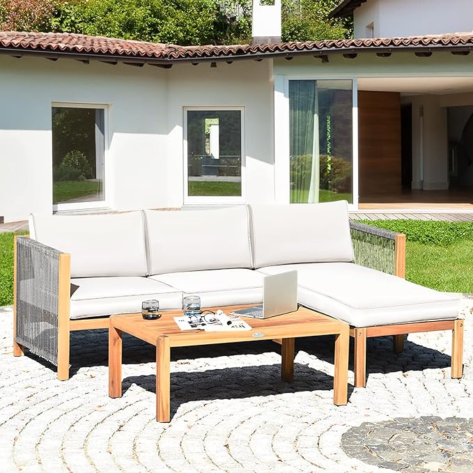 Tangkula L Shape Outdoor Furniture Set, 3 Piece Acacia Wood Patio Conversation Set, with 2 loveseats and Coffee Table, Garden Backyard Poolside Patio Seating Set (White)