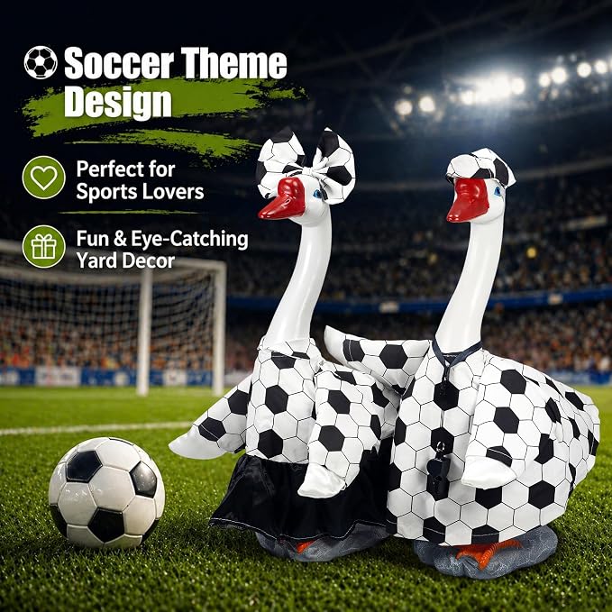 20" Large Porch Goose Statue + 2 Set Soccer Goose Outfits, Outdoor Statue, Football Match Decorations, Weather Resistant Yard Decor for World Cup Game Day Decor, Soccer Fan Gift