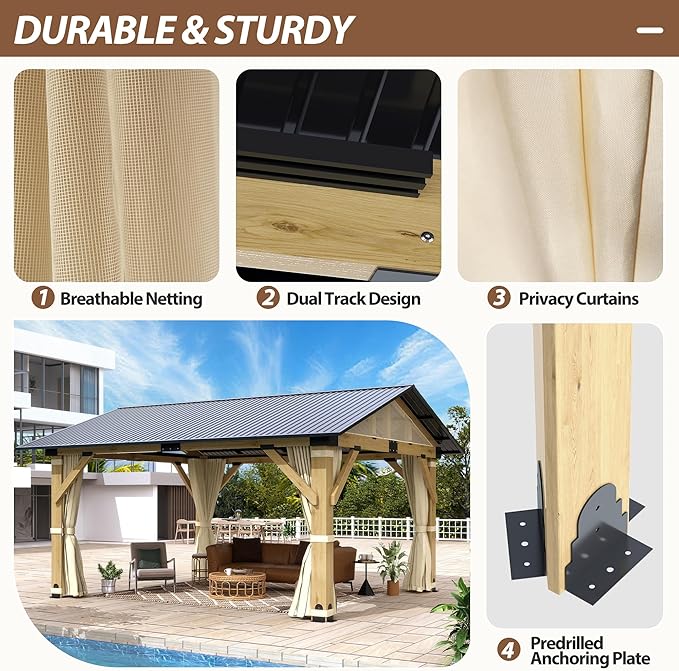 13' x 15' Wood Gazebo, Outdoor Hardtop Gazebo with Netting and Curtains, Cedar Wooden Frame Gazebos with Galvanized Steel Roof for Garden, Patio