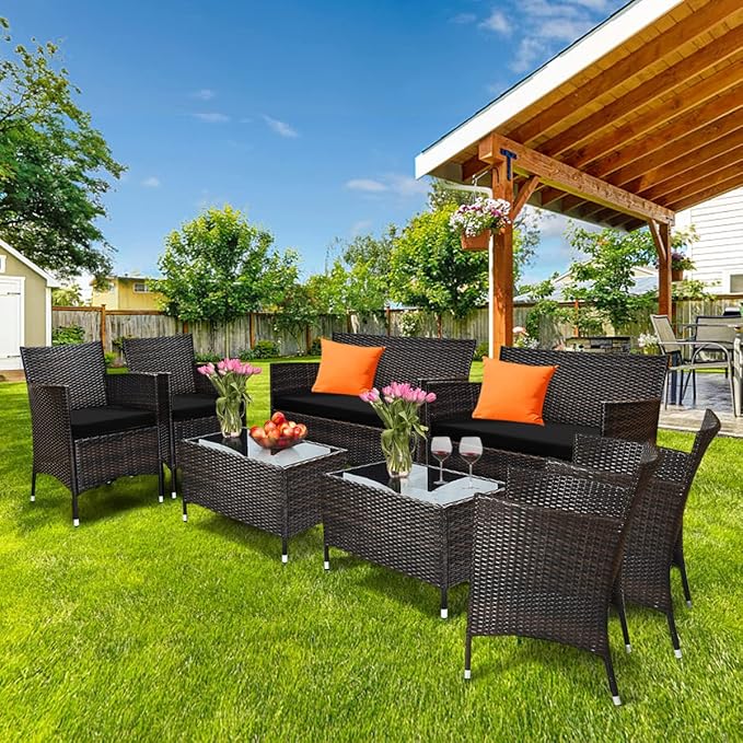 8 Pieces Patio Sofa Set, Wicker Conversation Set with Ergonomic Curved Backrest, Water-Resistant Cushion & Tempered Glass Table for Balcony, Porch (Black)