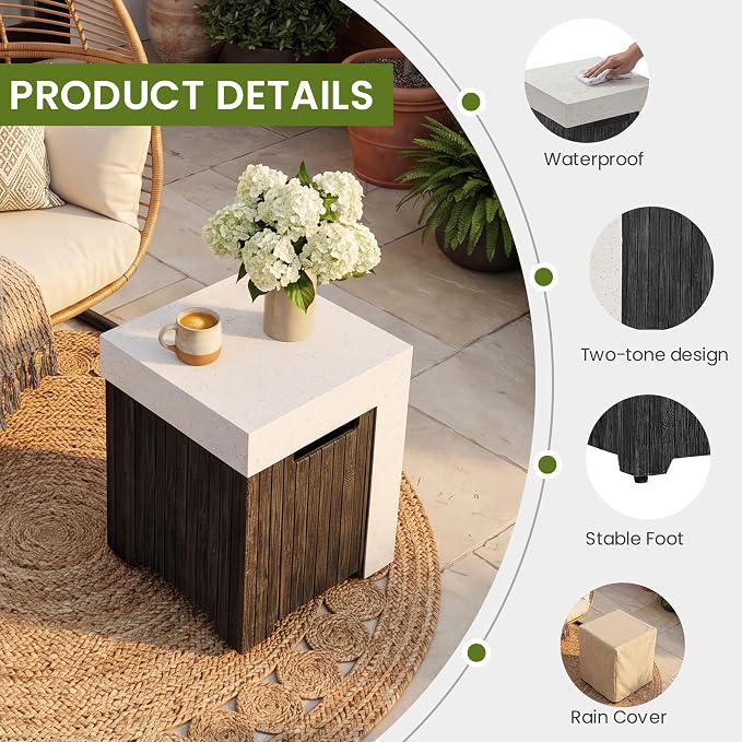 COSIEST Outdoor Propane Tank Cover Table with Wood Grain Design, 16 inch Outside Hideaway Tank Table, Hides Standard 20lb Tank, Black & White