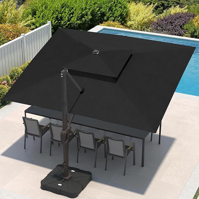 9x12 FT Cantilever Patio Umbrella with Led Lights Double Top Outdoor Rectangular Large Heavy Duty Aluminum Offset Umbrellas with 7 Level Tilt 360-degree Rotation for Pool Garden Deck, Black