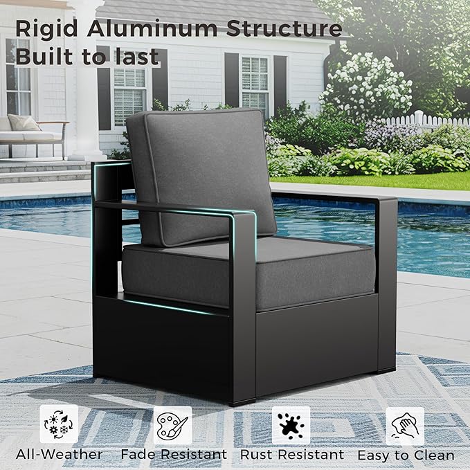 Outdoor Patio Furniture Set, 5-Piece Aluminum Patio Conversation Set All-Weather Metal Outdoor Sectional with 6 Inch Thick Cushions, Deep Setting for Garden, Outside and Porch, Grey