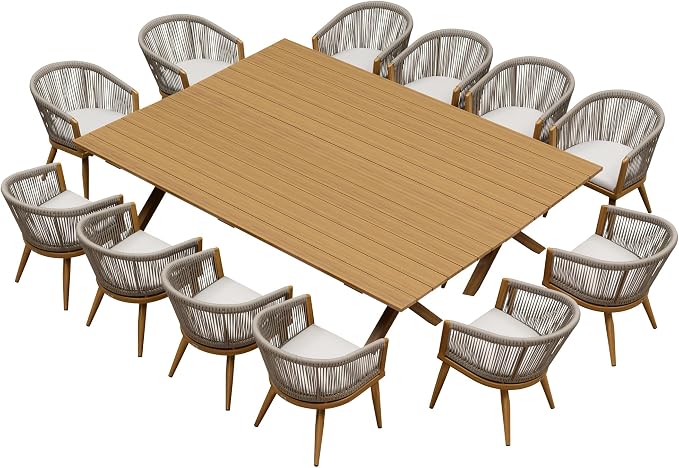 PURPLE LEAF Outdoor Dining Set for 12 All-Weather Aluminum 14 Piece Furniture Sets with Woodgrain Oversized Table and Rope Weave Chairs Included Cushions for Backyard Indoor Patio Set Teak Color