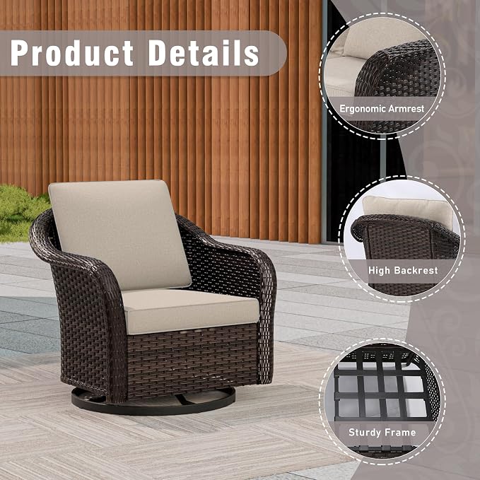 7 Piece Patio Wicker Conversation Set, All-Weather Use Outdoor Wicker Loveseat with 2 PE Rattan Ottomans,2 Chair, 2 Swivel Chair, Ideal for Porch, Backyard, Balcony, Poolside, Beige