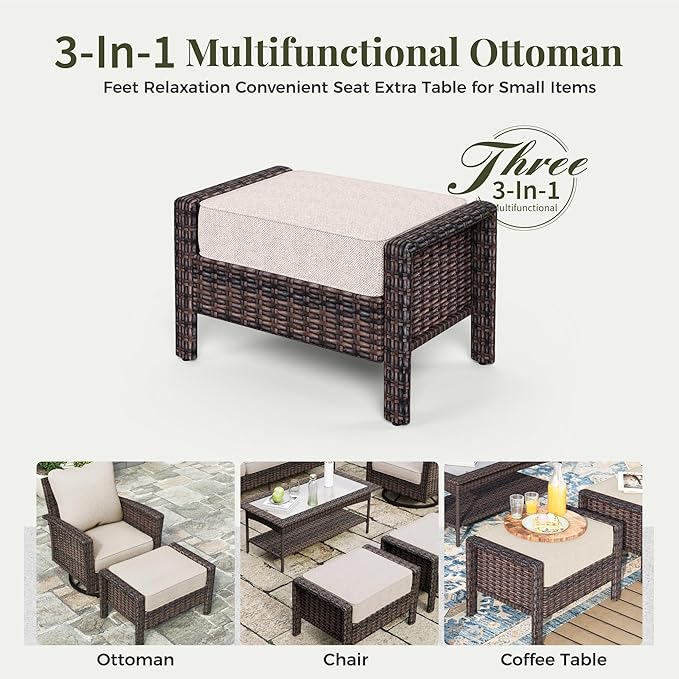 6-Piece Wicker Patio Furniture Set with Swivel Chairs, High Back Outdoor Furniture with 5.5-inch Thick Cushion and Ottoman, All-Weather Wicker Patio Conversation Set for Deck Yard Pool, Beige