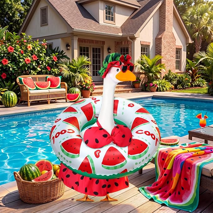 Abbylike Summer Watermelon Bikini Porch Goose Outfits with Hat, Sunglasses and Swimming Tube Hawaiian Clothes Costume for 23'' Goose for Garden Porch Statue Yard Pathway Decorations