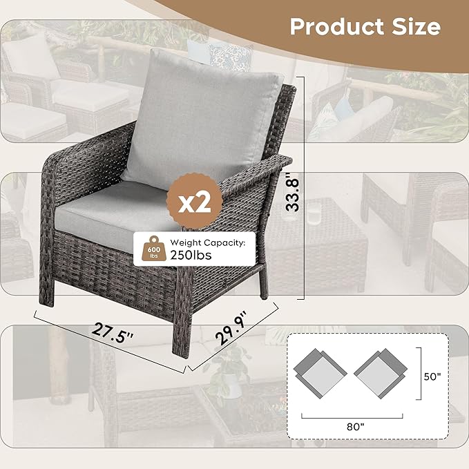 Brafab Patio Furniture PE Rattan Wicker Chair Conversation Set with Washable Cushion, Outdoor Conversation Furniture for Garden Poolside Balcony, Beige