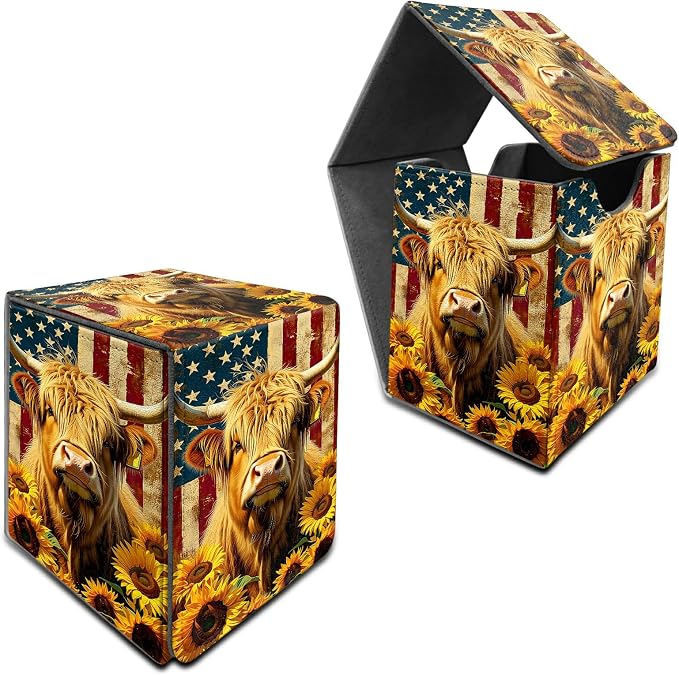 Yellow Cow Sunflower Card Deck Box for MTG, Personalized Card Storage Case Fits 120+ Sleeved Cards, Premium Leather TCG Box with Strong Magnetic Closure for Magic, CCG, PTCG, Baseball Cards