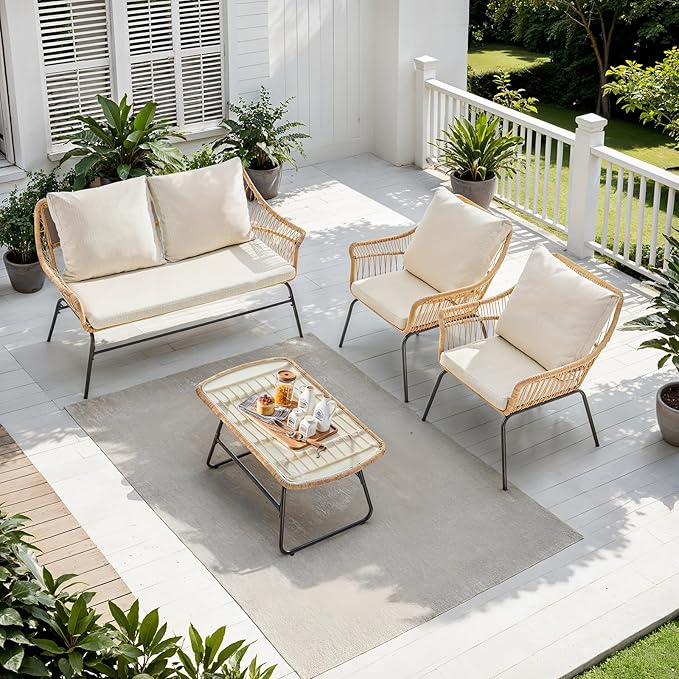 ONBRILL 4-Piece Patio Wicker Loveseat Sets, Boho Patio Furniture Set, Galvanized Iron Frame, Thickened Weather-Resistant Olefin Cushions, Tempered Glass Top, UV-Proof, Beige