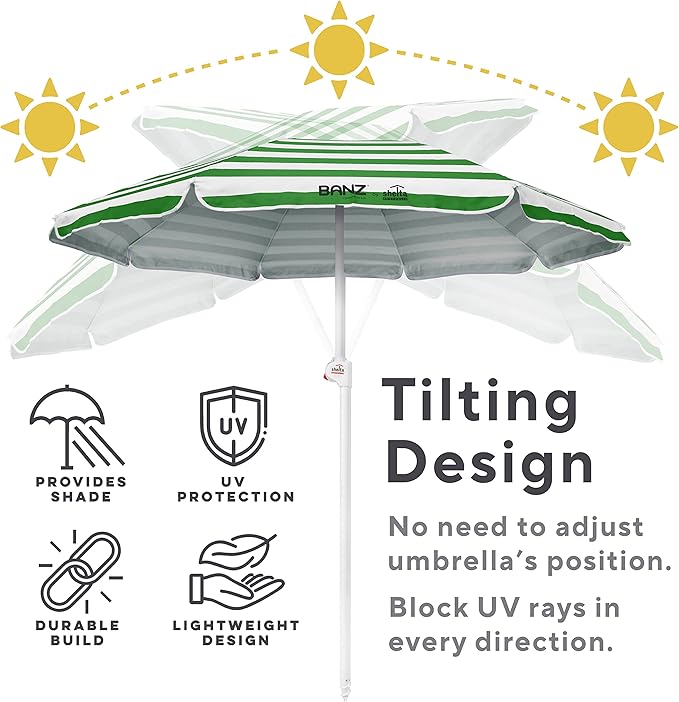 BANZ Cabana Beach Umbrella UPF 50 - UV Protection Foil-Lined Portable Outdoor Umbrella for Sand with Screw-in Base & Tilt Pole - Lightweight Beach Shade & Patio Umbrella with Bag