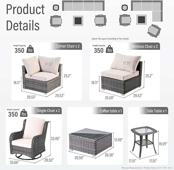 HOOOWOOO Patio Outdoor Sectional Furniture Sofa Set with Swivel Chairs,8 Piece L Shaped Corner Wicker Rattan Couch Set with Glass Table,Modern 6 Persons Summer Patio Conversation Set(Beige Tan)