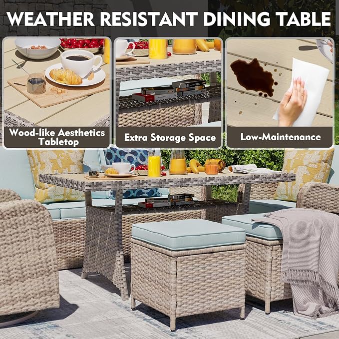 MEISSALIVVE 7 Pieces Patio Furniture Set with Swivel Chairs, Wicker Patio Conversation Set, Outdoor Patio Set with 2 Swivel Rocking Chair & Sofa, 2 Ottomans and Dining Table (Blue)