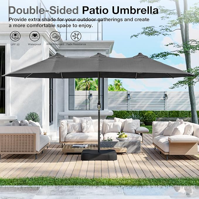 Joyside 15FT Large Patio Umbrella, Outdoor Double Sided Umbrella, Rectangle Umbrella with Crank Handle, 12 Sturdy Ribs for Deck, Porch and Pool