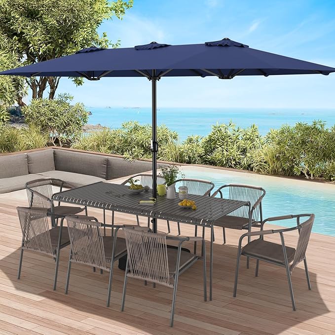 ONBRILL 15ft Patio Umbrella with Base Included, Extra Large Shade Area, Double Sided Rectangle Umbrella with Crank Handle for Poolside, Garden, Yard, Blue (Blue)
