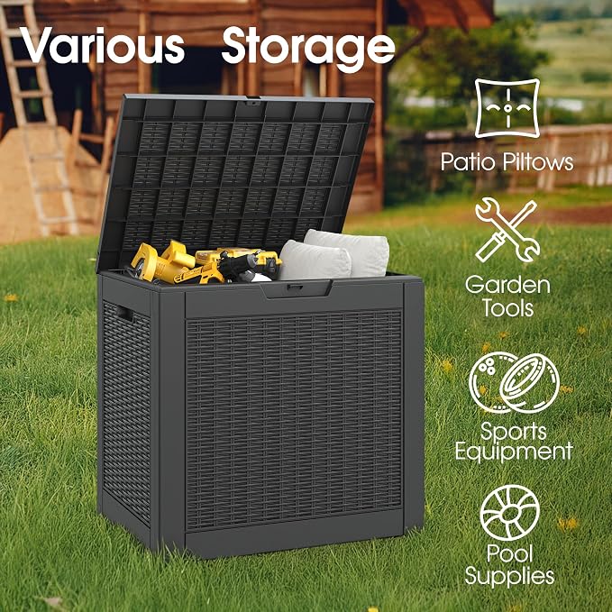 Bifanuo Outdoor Storage Box, 30 Gallon Deck Boxes Waterproof, Resin Storage Cabinet Multi Functional Storage Bench For Gardening Tools, Pool Supplies, Patio Furniture, Lockable