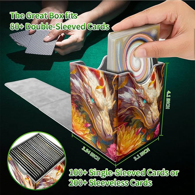 Deck Box for MTG, Cards Storage Box Fits 120+ Sleeved, Leather Medium Size Strong Magnetic Closing Card Case for Board Games Magic TCG CCG Baseball Collection, Lotus White Dragon