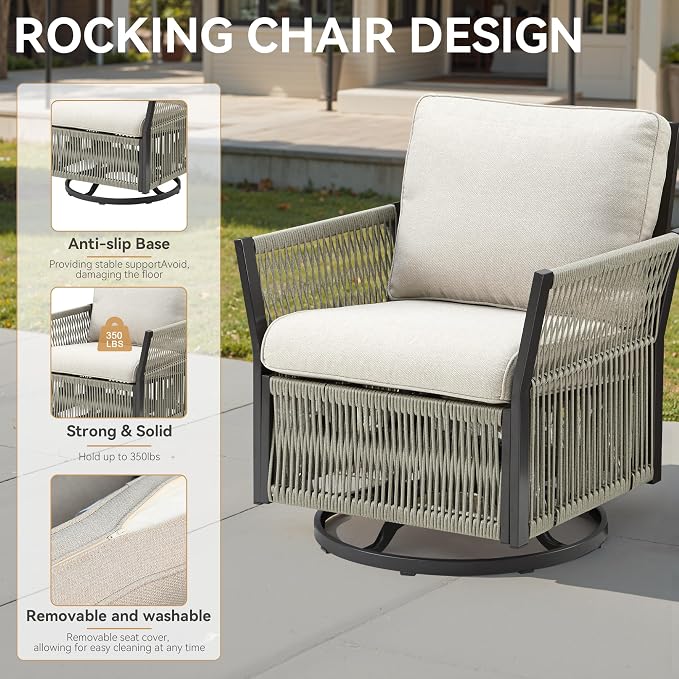 Patio Furniture Set Outdoor/Indoor, Wicker Patio Sofa, 5pcs Furniture Set with Swivel Rocker Chairs, Side Table, and Ottomans for Backyard, Garden, Poolside(Beige)
