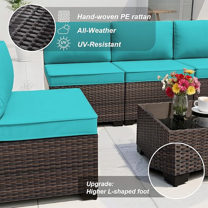 ALAULM Patio Furniture Set with Fire Pit Table 55000 BTU, Outdoor Sectional with Wide Seat and Thick Cushion, 8 Piece Wicker Rattan Conversation Set with Coffee Table for Garden, Deck, Turquoise