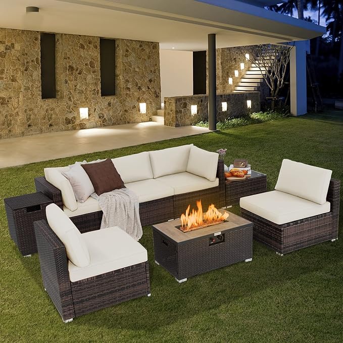 Tangkula 8 Piece Outdoor Wicker Sofa Set, Patio Rattan Conversation Set w/32” Propane Fire Pit Table & Tank Holder, 40,000 BTU Heat Output, Cozy Seat & Back Cushions, Fire Pit PVC Cover (Off White)