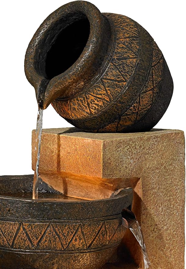 Cascading Bowl and Jug 46" High Large Rustic Indoor Outdoor Decor Faux Stone Floor Fountain with Light LED Standing Waterfall Water Feature for Outside Garden Patio Yard Backyard - John Timberland