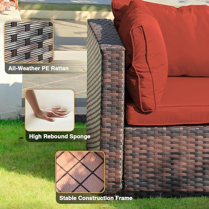 13 Piece Patio Furniture Set with Fire Pit Table All Weather PE Rattan Outdoor Sectional Sofa Couch with No-Slip Cushions for Garden, Poolside, Backyard (Red)