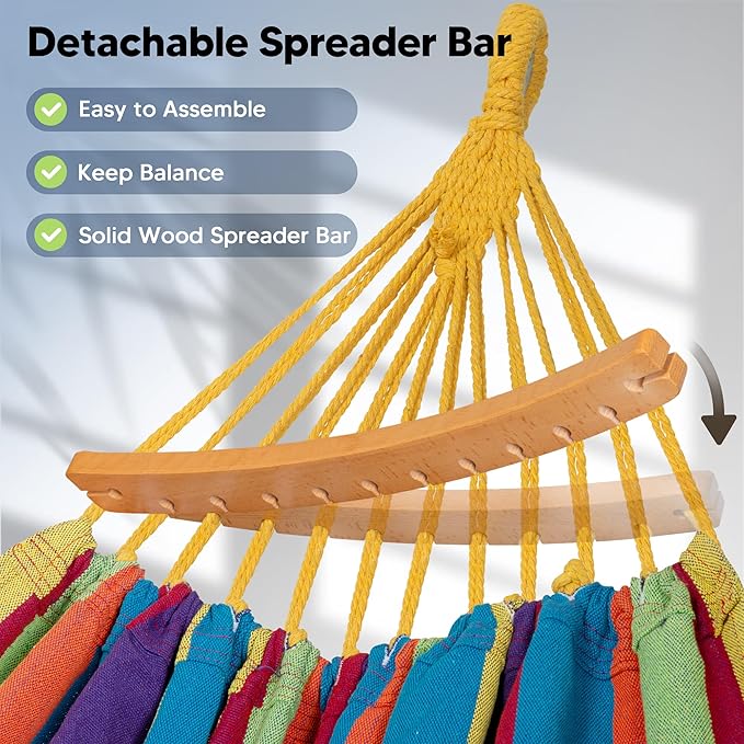 SUNCREAT Hammocks Heavy Duty Double Hammock with Spreader Bar, Carrying Bag, 475 lbs Capacity, Outdoor Hammock Swing, Rainbow