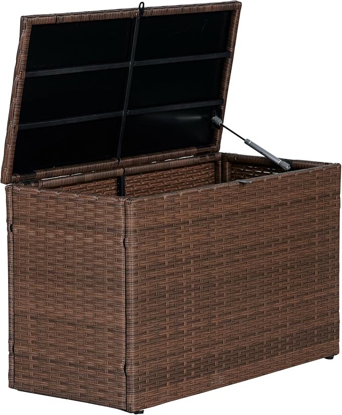 happimess TRK1000B Nino 31.5" Modern Minimalist Outdoor Faux Wicker Deck and Patio Storage Box, Brown, Soft-Close, for Package Delivery, Patio Furniture, Cushions, Gardening Tools, Pool Supplies