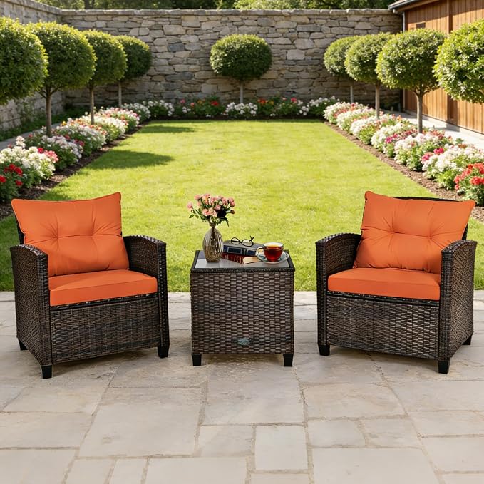 COSTWAY 3PCS Patio Furniture Set, PE Rattan Wicker Sofa w/Washable Cushion and Coffee Table, Tempered Glass Tabletop, Outdoor Conversation Set for Balcony, Porch, Yard, Backyard, Lawn (Orange)