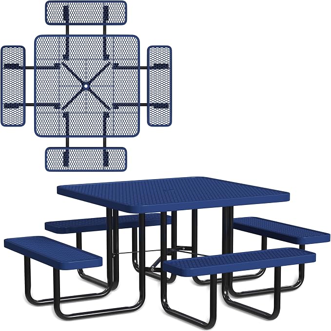Leisure Craft Metal Picnic Table with Bench - 46" Square Outdoor Dining Table for 8 with Umbrella Hole, Weatherproof Heavy Duty Thermoplastic Coating, Commercial Grade Furniture Made in USA - Navy