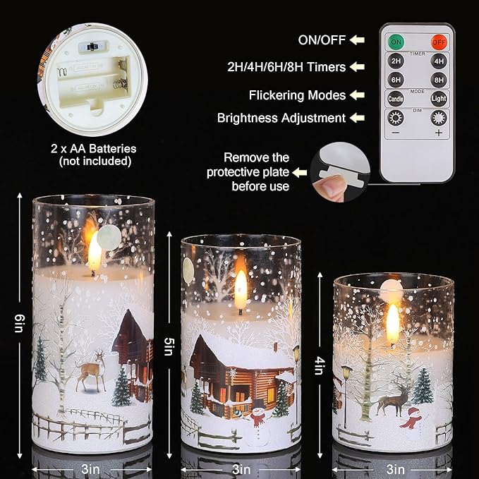 Christmas Flickering Flameless Candles with Remote, 3D Wick Battery Operated Candles, Real Wax in Glass LED Candles for Holiday Festival, Home, Gift