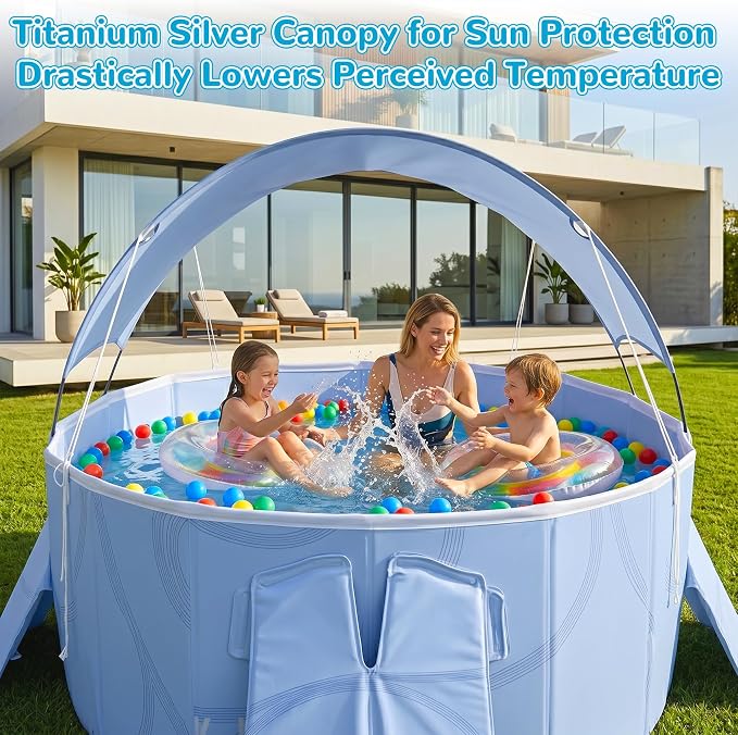 Foldable Pool with Canopy,Large Portable Pool for Adult,Thickened Collapsible Folding Pool for Backyard,85×50×22 in,20 Seconds Installation&Titanium Silver Canopy,Feels-Like Temp 50°F – 64.4°F,Blue