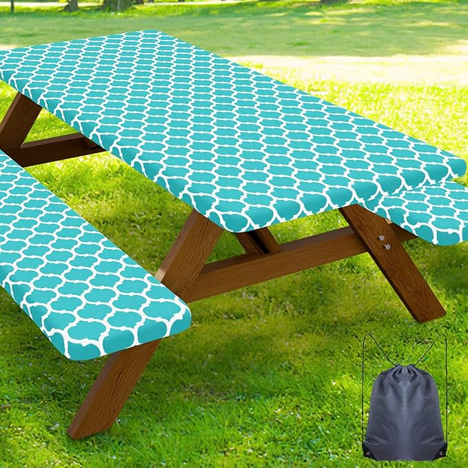 Smiry Picnic Table Cover with Bench Covers, Waterproof Elastic Fitted Tablecloth for 5 Foot Tables, Washable Polyester Tablecloths for Camping, Indoor & Outdoor (Teal, 30x60 Inch 3-pc Set)