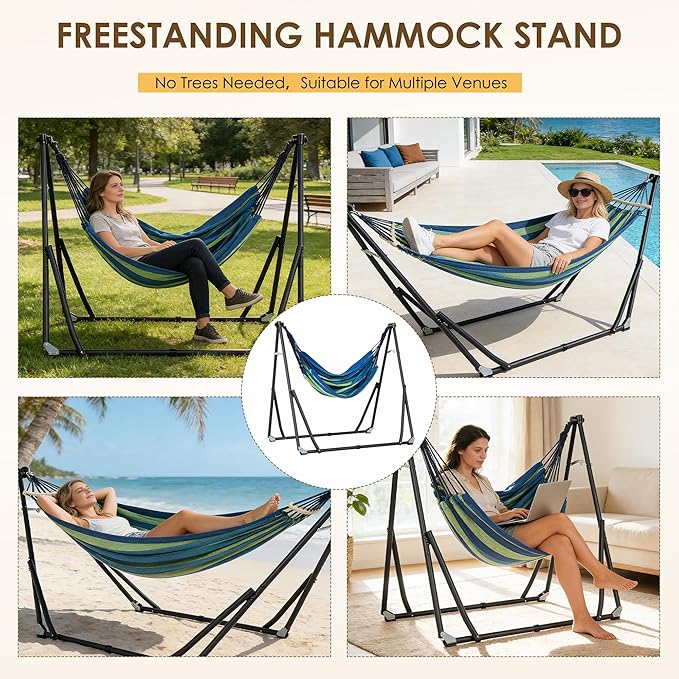 SogesHome 2-in-1 Convertible Hammock Chairs with Stand, 440LBS Capacity, Large Canvas Outdoor Two People Swing Bed, Foldable Portable for Backyard Patio Garden Camping Travel, Blue Green Striped